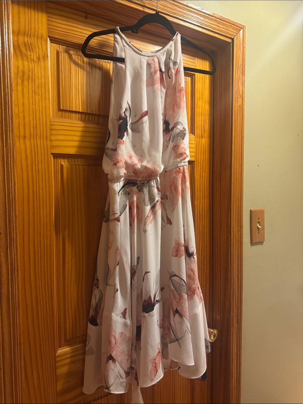 White House Black Market White Midi Dress with Blush Floral Print